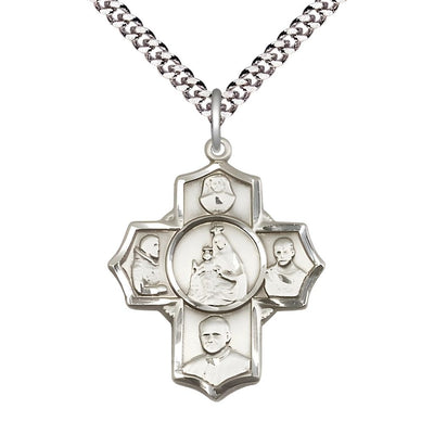 Polish 5-Way Cross Sterling Silver Medal with a Plated Chain, Measures 1 1/4-inch tall by 1-inch wide, Saints; St. Maria Faustina, St. Pio, St. John Paul II, St. Maximilian Kolbe, Bliss Manufacturing