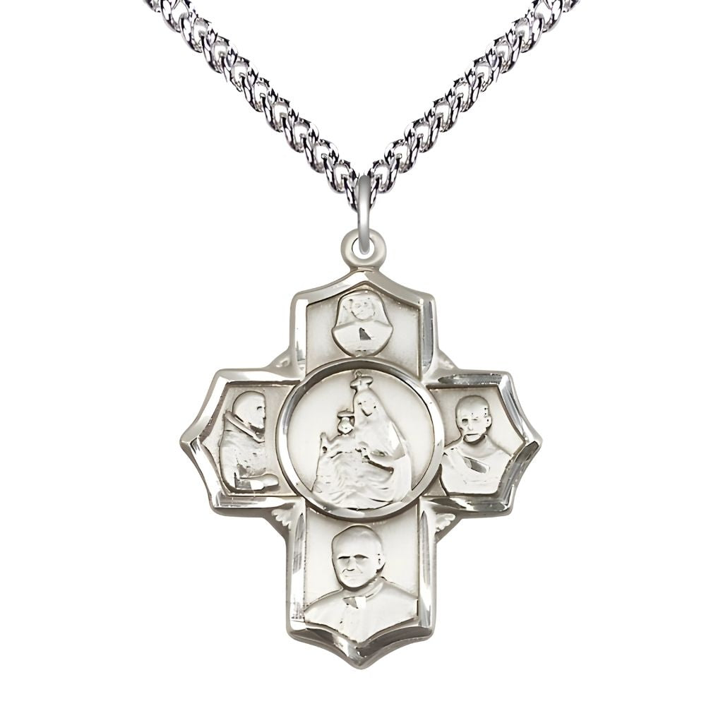 Bliss Polish 5-Way Cross Sterling Silver Medal with a Sterling Chain,  Measures 1 1/4-inch tall by 1-inch wide, Saints; St. Maria Faustina, St. Pio, St. John Paul II, St. Maximilian Kolbe and Our Lady of Mount Carmel