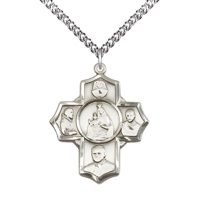 Polish 5-Way Cross Sterling Silver Medal with a Sterling Chain, Measures 1 1/4-inch tall by 1-inch wide, Saints; St. Maria Faustina, St. Pio, St. John Paul II, St. Maximilian, Bliss Manufacturing