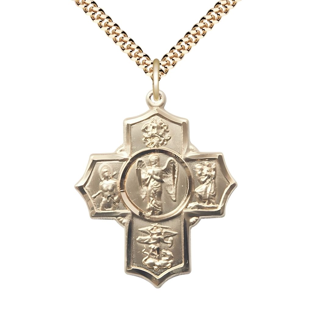 Bliss Warrior Gold-filled 5-Way Cross Medal Pendant with Gold-Plated Chain, Measures 1 3/8-inch tall by 1 1/8-inch wide
