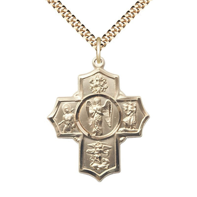 Warrior Gold-filled 5-Way Cross Medal Pendant with Gold-Plated Chain, Measures 1 3/8-inch tall by 1 1/8-inch wide, Bliss Manufacturing