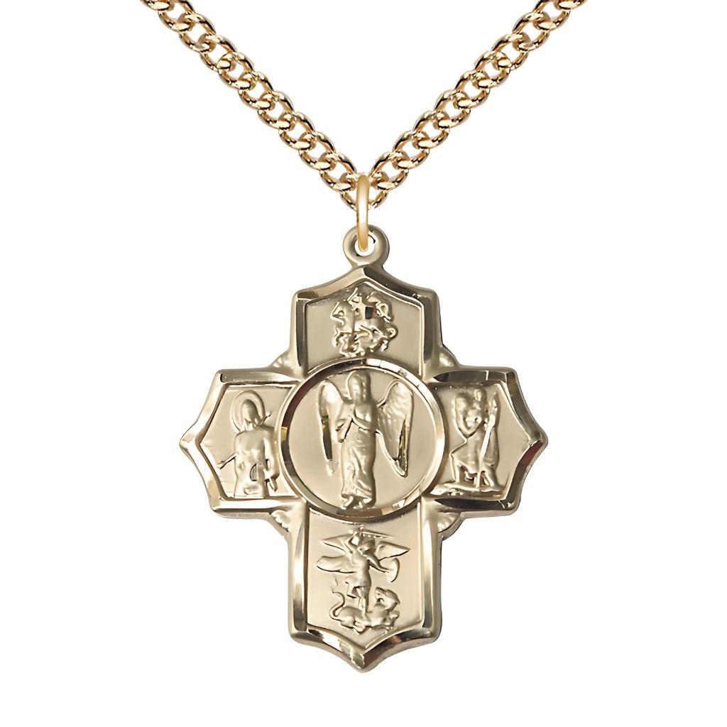 Bliss Warrior Gold-filled 5-Way Cross Medal Pendant with Gold-filled Chain, Measures 1 3/8-inch tall by 1 1/8-inch wide
