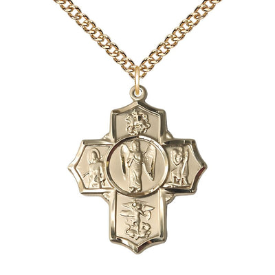 Warrior Gold-filled 5-Way Cross Medal Pendant with Gold-filled Chain, Measures 1 3/8-inch tall by 1 1/8-inch wide, Bliss Manufacturing