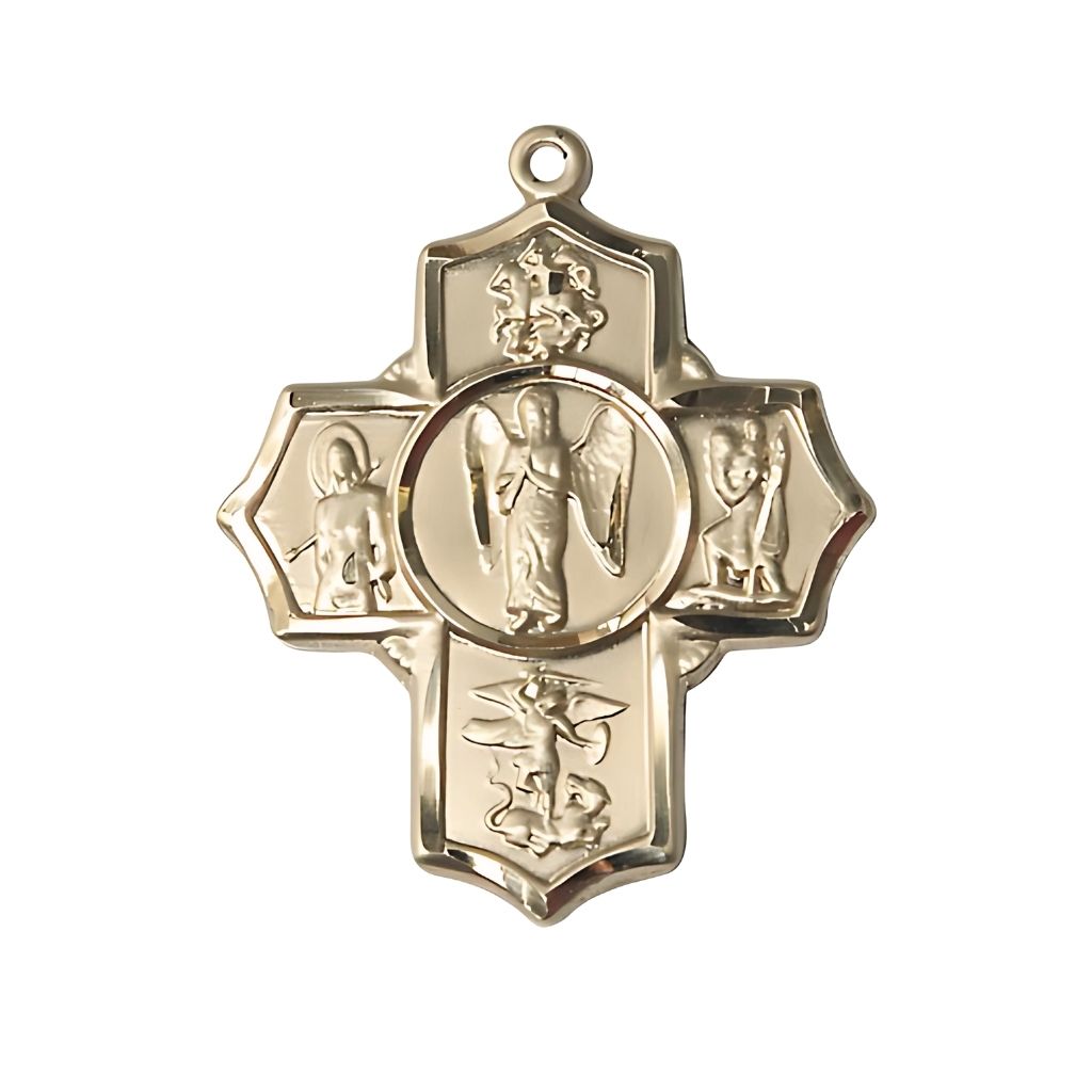 Bliss Warrior 14kt 5-Way Cross Medal, Measures 1 3/8-inch tall by 1 1/8-inch wide