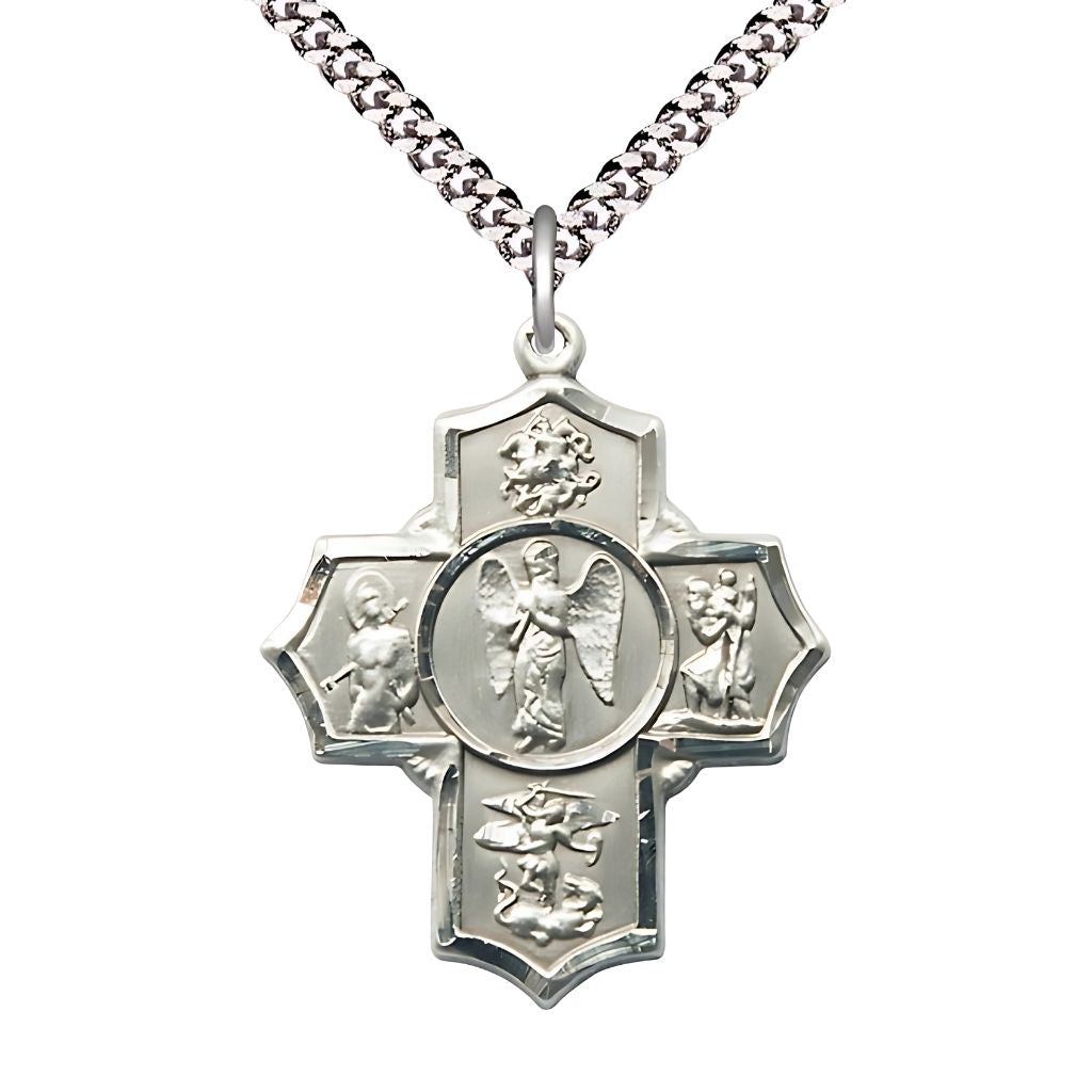 Bliss Warrior Pewter 5-Way Cross Medal Pendant with Plated Chain, Measures 1 3/8-inch tall by 1 1/8-inch wide