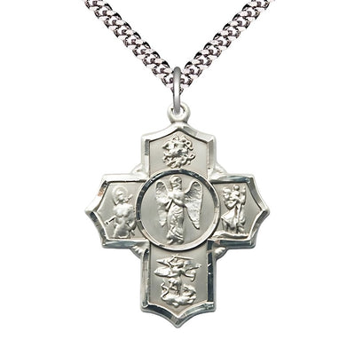 Warrior Pewter 5-Way Cross Medal Pendant with Plated Chain, Measures 1 3/8-inch tall by 1 1/8-inch wide, Bliss Manufacturing