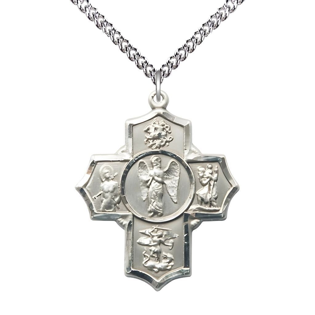 Bliss Warrior Sterling Silver 5-Way Cross Medal Pendant with Sterling Chain, Measures 1 3/8-inch tall by 1 1/8-inch wide