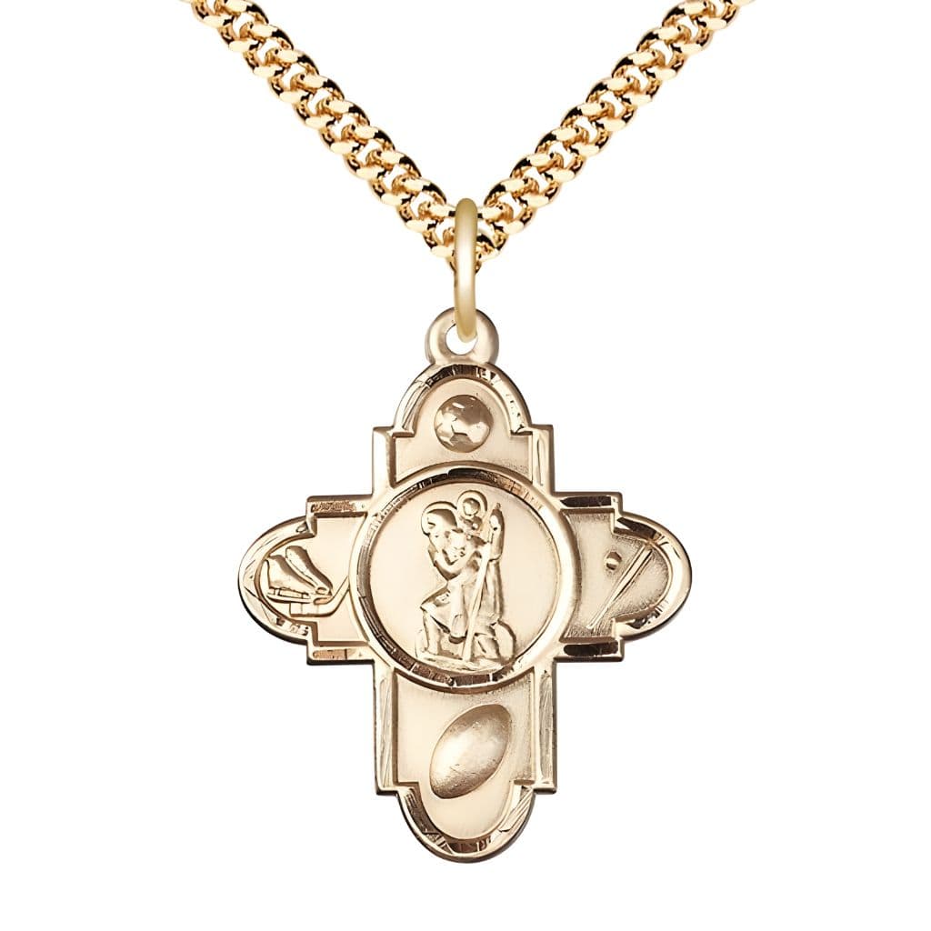 Bliss St. Christopher Sports 5-Way Cross Gold-filled Medal with Plated Chain, Soccer, Ice Hockey, Football and Baseball,