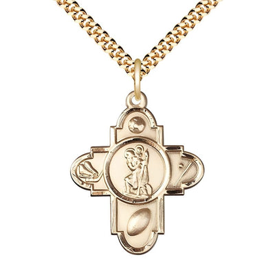 St. Christopher Sports 5-Way Cross Gold-filled Medal with Plated Chain, Soccer, Ice Hockey, Football and Baseball, Bliss Manufacturing