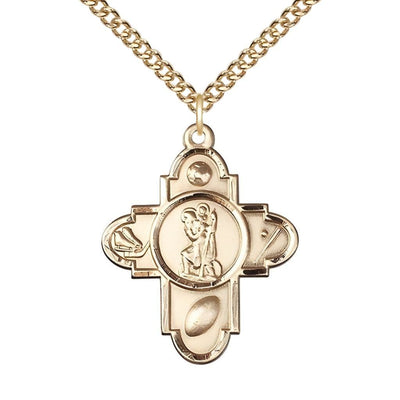 St. Christopher Sports 5-Way Cross Gold-filled Medal with Gold-filled Chain, Soccer, Ice Hockey, Football and Baseball, Bliss Manufacturing