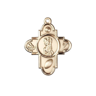 St. Christopher Sports 5-Way Cross 14kt Gold Medal, Soccer, Ice Hockey, Football and Baseball, Bliss Manufacturing