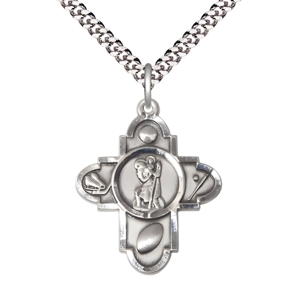 Bliss St. Christopher Sports 5-Way Cross Sterling Silver Medal with Plated Chain, Soccer, Ice Hockey, Football and Baseball,