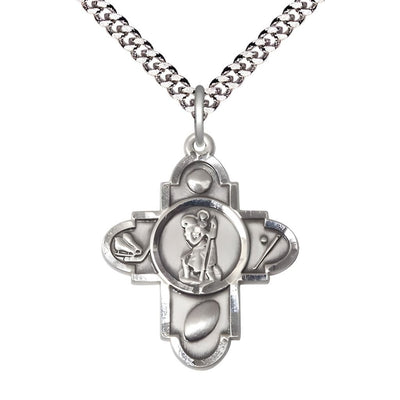 St. Christopher Sports 5-Way Cross Sterling Silver Medal with Plated Chain, Soccer, Ice Hockey, Football and Baseball, Bliss Manufacturing
