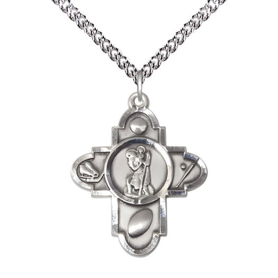 St. Christopher Sports 5-Way Cross Sterling Silver Medal with Sterling Chain, Soccer, Ice Hockey, Football and Baseball, Bliss Manufacturing