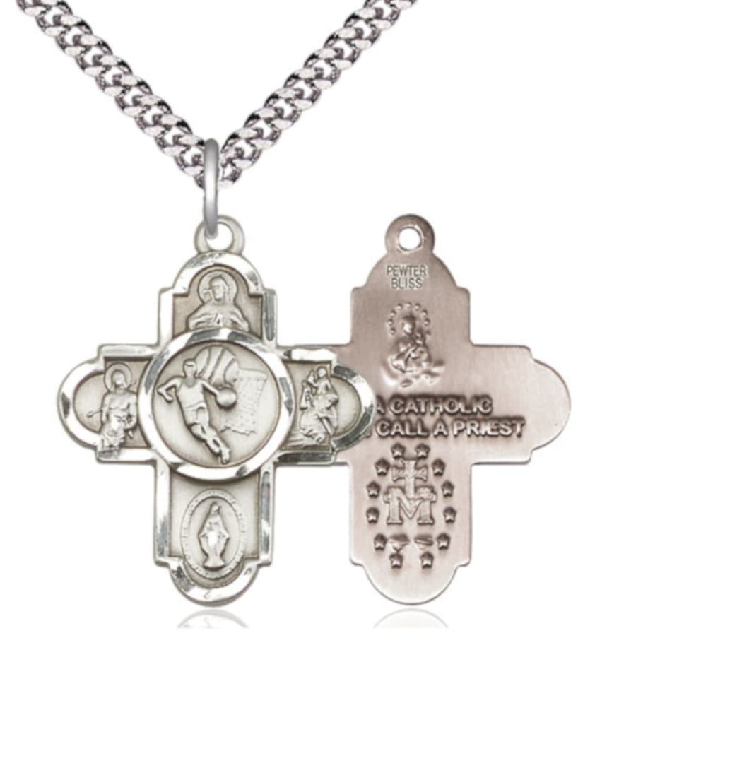 Bliss Manufacturing 5-Way Basketball Cross Pewter Medal Necklace,