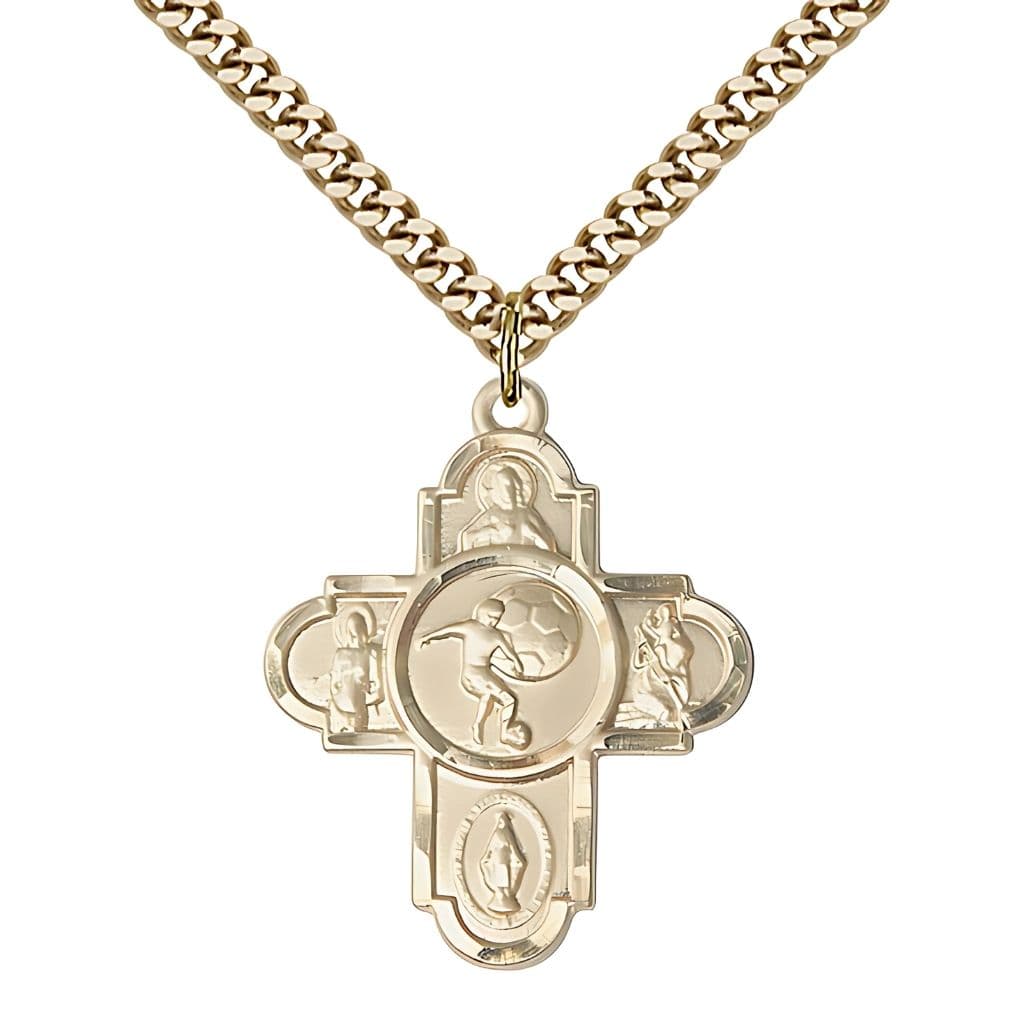 Bliss Soccer 5-Way Cross 14kt Gold-filled Medal with Chain, Measures 1 1/8 inches in height and 1 5/8 inches in width,