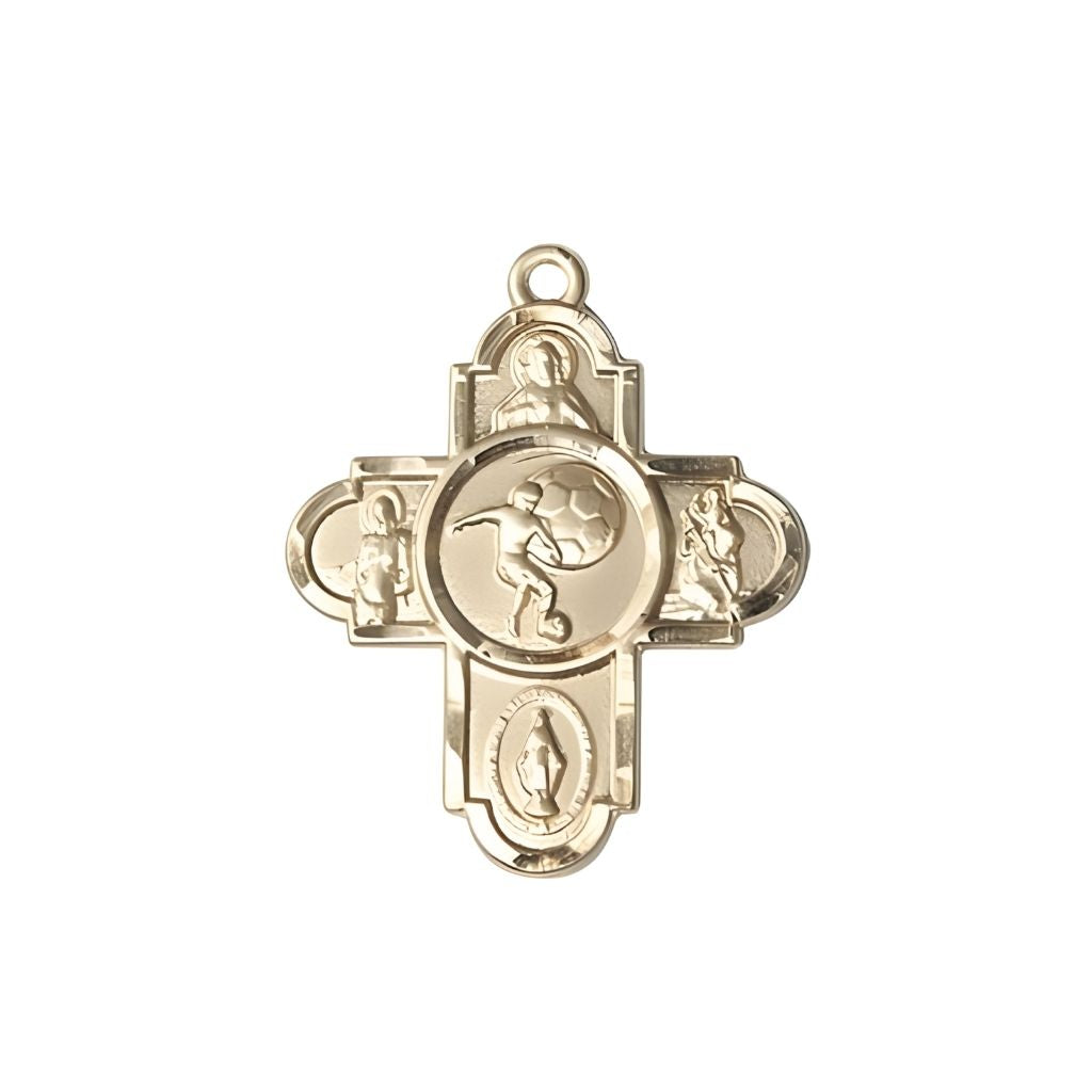 Bliss Soccer 5-Way Cross 14kt Gold Medal, Measures 1 1/8 inches in height and 1 5/8 inches in width,