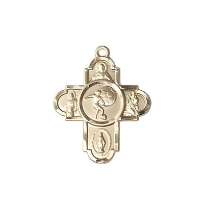Soccer 5-Way Cross 14kt Gold Medal, Measures 1 1/8 inches in height and 1 5/8 inches in width, Bliss Manufacturing