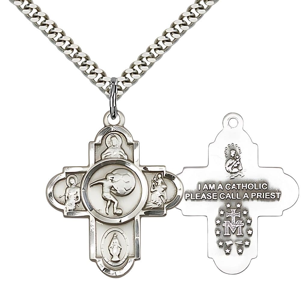 Bliss Soccer 5-Way Cross Sterling Silver Medal with Chain, Measures 1 1/8 inches in height and 1 5/8 inches in width,