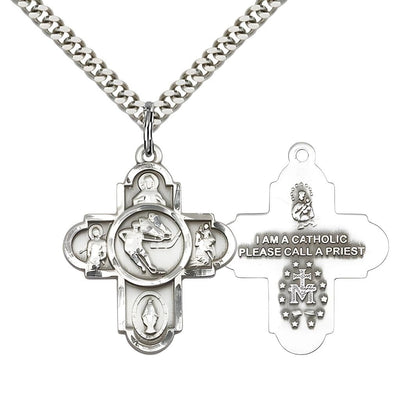 5-Way Ice Hockey Cross Medal Necklace In Pewter, Measures 1 1/8 Inches In Height And 1 5/8 Inches In Width, Bliss Manufacturing