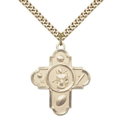 Gold-filled Sports St. Sebastian 5-Way Cross Medal with Plated Chain in the USA, Bliss Manufacturing