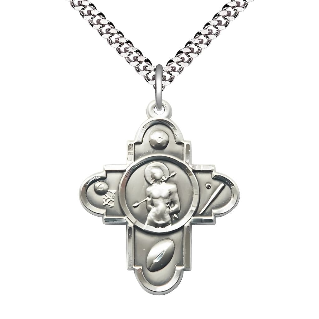 Pewter Sports St. Sebastian 5-Way Cross Medal with Plated Chain by Bliss in the USA