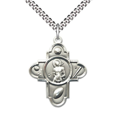 Sterling Silver Sports St. Sebastian 5-Way Cross Medal with Plated Chain in the USA, Bliss Manufacturing