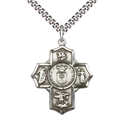 Air Force 5-Way Cross Sterling Silver Medal with Plated Chain, Measures: 1 1/4-inch tall by 1-inch wide. Features St George, Guardian Angel, St Michael, St Joan of Arc, and Air, Bliss Manufacturing