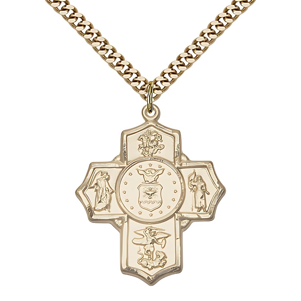Bliss Air Force 5-Way Cross 14kt Gold-filled Medal with Gold-Plated Chain, Measures: 1 1/4-inch tall by 1-inch wide.  Features St George, Guardian Angel, St Michael, St Joan of Arc, and Air Force emblem in the center.