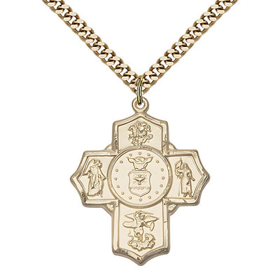 Air Force 5-Way Cross 14kt Gold-filled Medal with Gold-Plated Chain, Measures: 1 1/4-inch tall by 1-inch wide. Features St George, Guardian Angel, St Michael, St Joan of Arc, Bliss Manufacturing