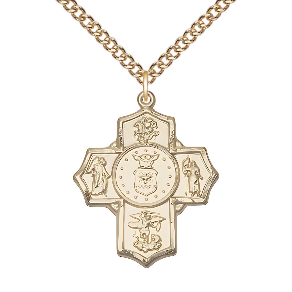 Bliss Air Force 5-Way Cross 14kt Gold-filled Medal with Gold-filled Chain, Measures: 1 1/4-inch tall by 1-inch wide.  Features St George, Guardian Angel, St Michael, St Joan of Arc, and Air Force emblem in the center.