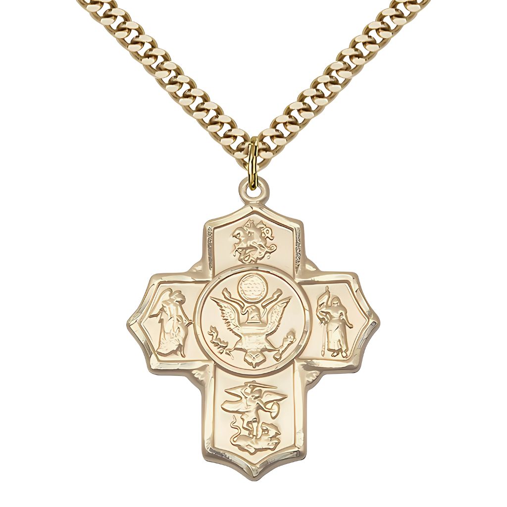 Bliss Army 5-Way Cross 14kt Gold-filled Medal with Plated Chain, Measures: 1 1/4-inch tall by 1-inch wide.  Features St George, Guardian Angel, St Michael, St Joan of Arc, and Army emblem in the center.
