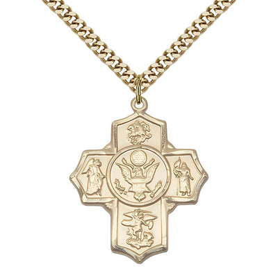 Army 5-Way Cross 14kt Gold-filled Medal with Plated Chain, Measures: 1 1/4-inch tall by 1-inch wide. Features St George, Guardian Angel, St Michael, St Joan of Arc, and Army, Bliss Manufacturing