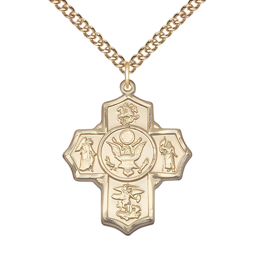 Bliss Army 5-Way Cross 14kt Gold-filled Medal with Gold-filled Chain, Measures: 1 1/4-inch tall by 1-inch wide.  Features St George, Guardian Angel, St Michael, St Joan of Arc, and Army emblem in the center.