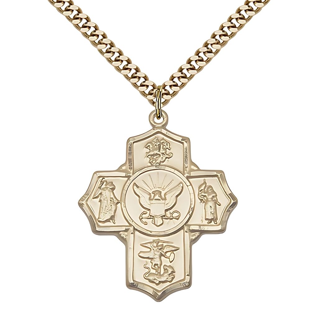 14kt Gold-filled Navy 5-Way Cross with Gold-plated Chain features St George, Guardian Angel, St Michael, St Joan of Arc, and the Air Force emblem in the center.