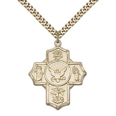 14kt Gold-filled Navy 5-Way Cross with Gold-plated Chain features St George, Guardian Angel, St Michael, St Joan of Arc, and the Air Force emblem in the center, Bliss Manufacturing