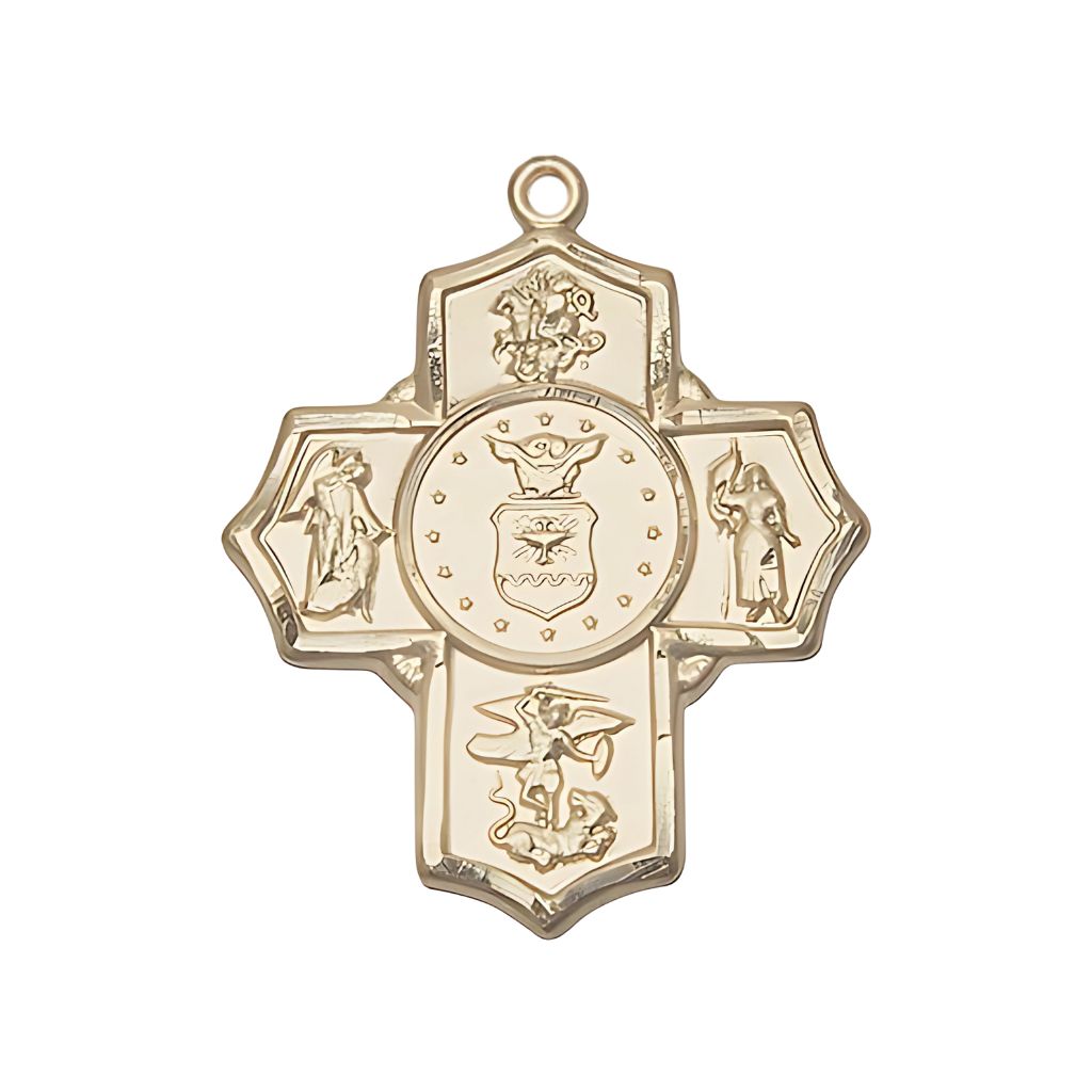 Bliss Air Force 5-Way Cross 14kt Gold Medal, Measures: 1 1/4-inch tall by 1-inch wide.  Features St George, Guardian Angel, St Michael, St Joan of Arc, and Air Force emblem in the center.