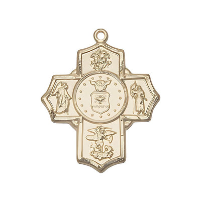 Air Force 5-Way Cross 14kt Gold Medal, Measures: 1 1/4-inch tall by 1-inch wide. Features St George, Guardian Angel, St Michael, St Joan of Arc, and Air Force emblem in the center, Bliss Manufacturing