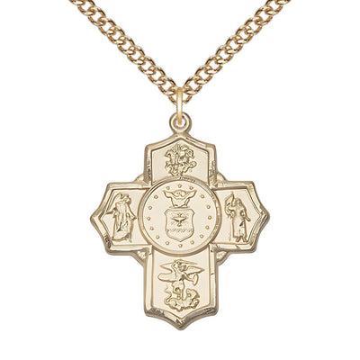 Air Force 5-Way Cross 14kt Gold Medal, Measures: 1 1/4-inch tall by 1-inch wide. Features St George, Guardian Angel, St Michael, St Joan of Arc, and Air Force emblem in the center, Bliss Manufacturing
