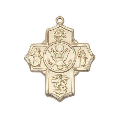 Army 5-Way Cross 14kt Gold Medal, Measures: 1 1/4-inch tall by 1-inch wide. Features St George, Guardian Angel, St Michael, St Joan of Arc, and Army emblem in the center, Bliss Manufacturing