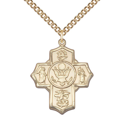 Army 5-Way Cross 14kt Gold Medal, Measures: 1 1/4-inch tall by 1-inch wide. Features St George, Guardian Angel, St Michael, St Joan of Arc, and Army emblem in the center, Bliss Manufacturing