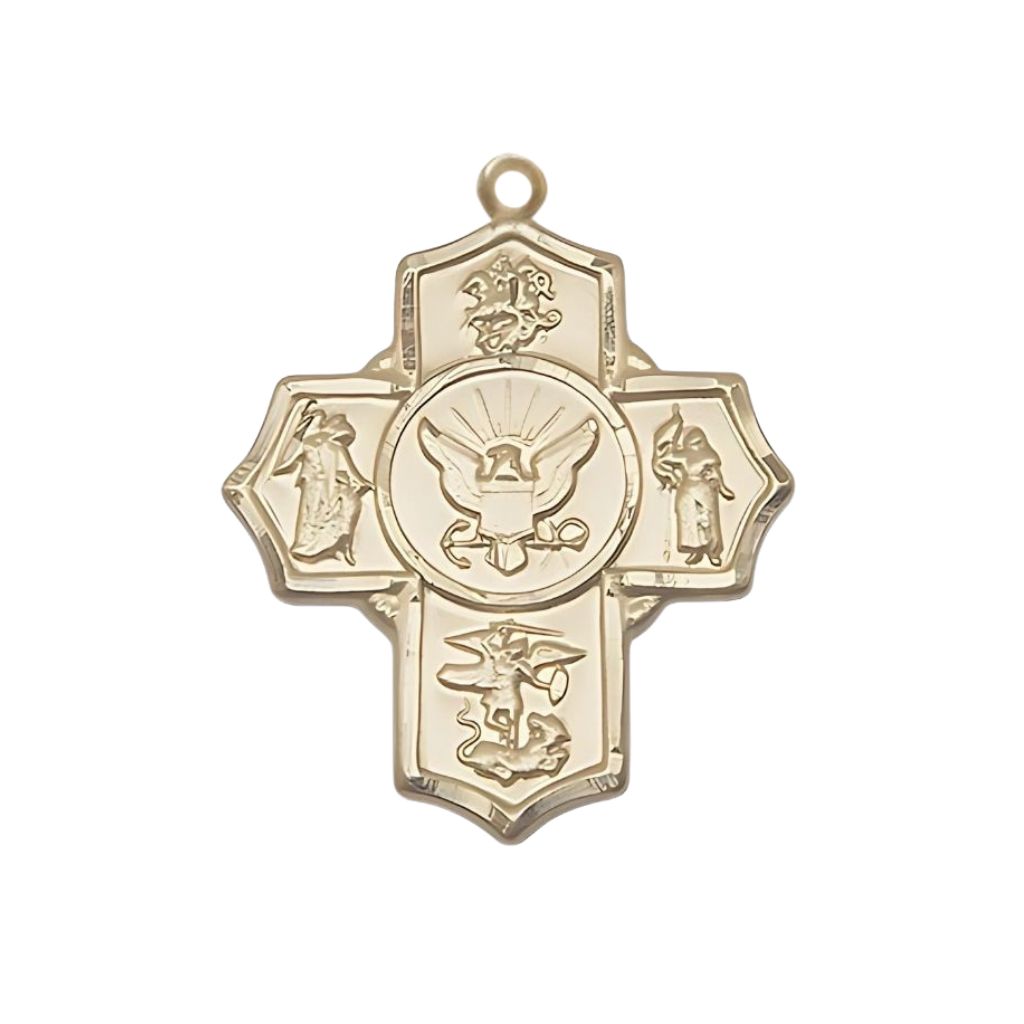 14kt Gold Navy 5-Way Cross features St George, Guardian Angel, St Michael, St Joan of Arc, and the Air Force emblem in the center.