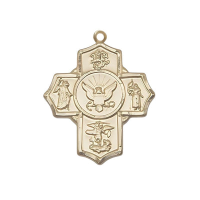 14kt Gold Navy 5-Way Cross features St George, Guardian Angel, St Michael, St Joan of Arc, and the Air Force emblem in the center, Bliss Manufacturing