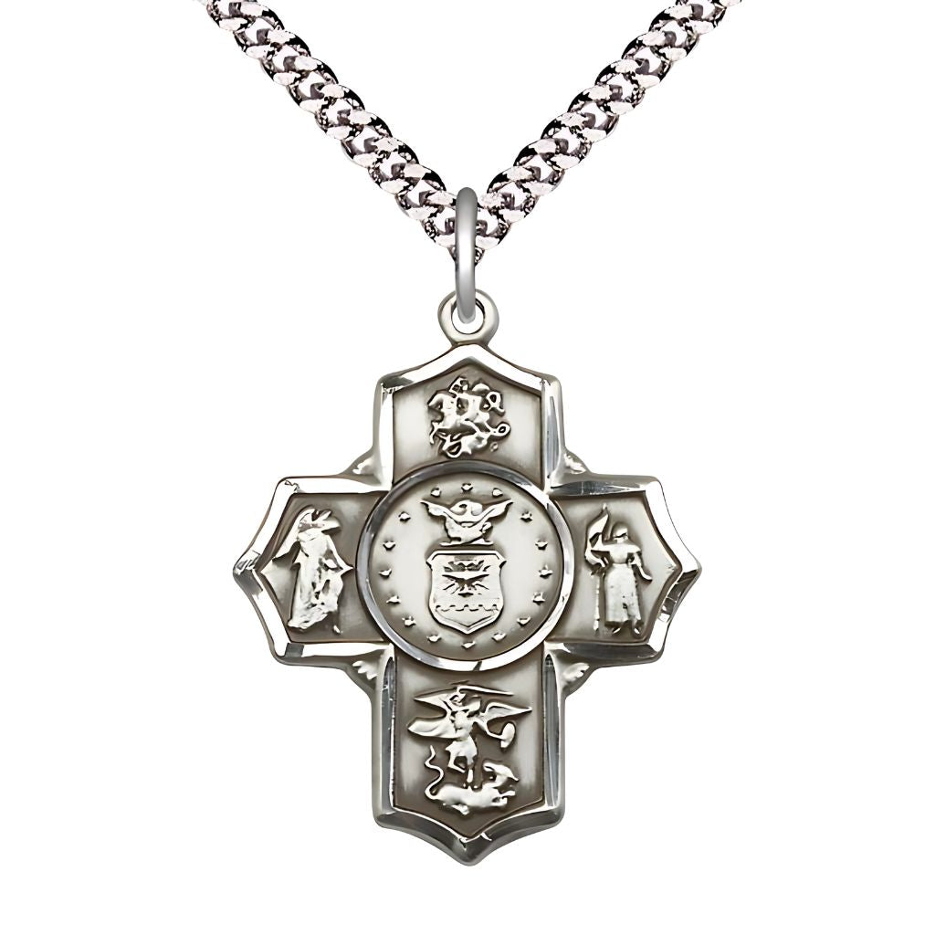 Bliss Air Force 5-Way Cross Pewter Medal with Plated Chain, Measures: 1 1/4-inch tall by 1-inch wide.  Features St George, Guardian Angel, St Michael, St Joan of Arc, and Air Force emblem in the center.