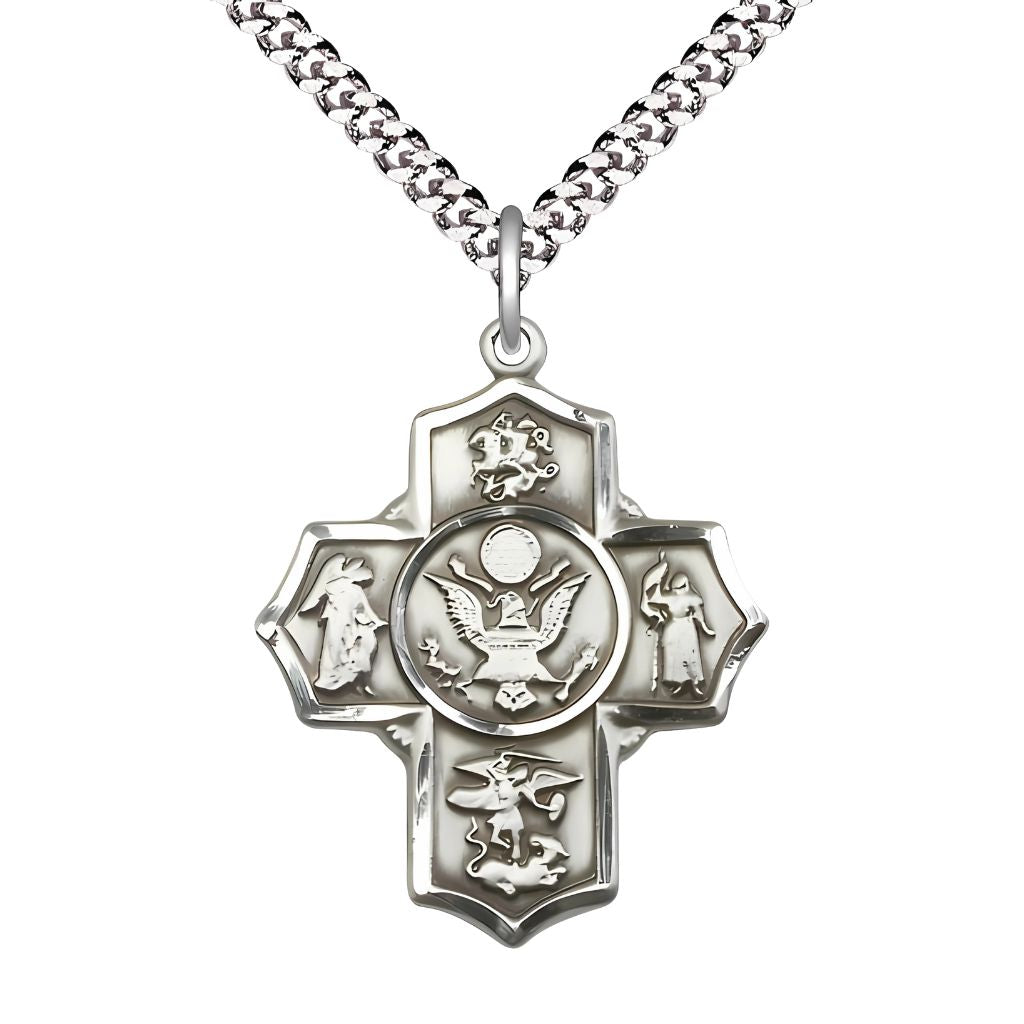 Bliss Army 5-Way Cross Pewter Medal with Plated Chain, Measures: 1 1/4-inch tall by 1-inch wide.  Features St George, Guardian Angel, St Michael, St Joan of Arc, and Army emblem in the center.