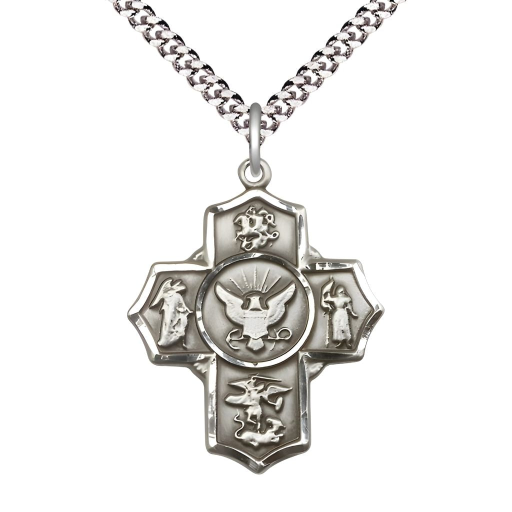 Pewter Navy 5-Way Cross with Plated Chain features St George, Guardian Angel, St Michael, St Joan of Arc, and the Air Force emblem in the center.