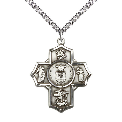 Air Force 5-Way Cross Sterling Silver Medal with Sterling Chain, Measures: 1 1/4-inch tall by 1-inch wide. Features St George, Guardian Angel, St Michael, St Joan of Arc, and Air, Bliss Manufacturing