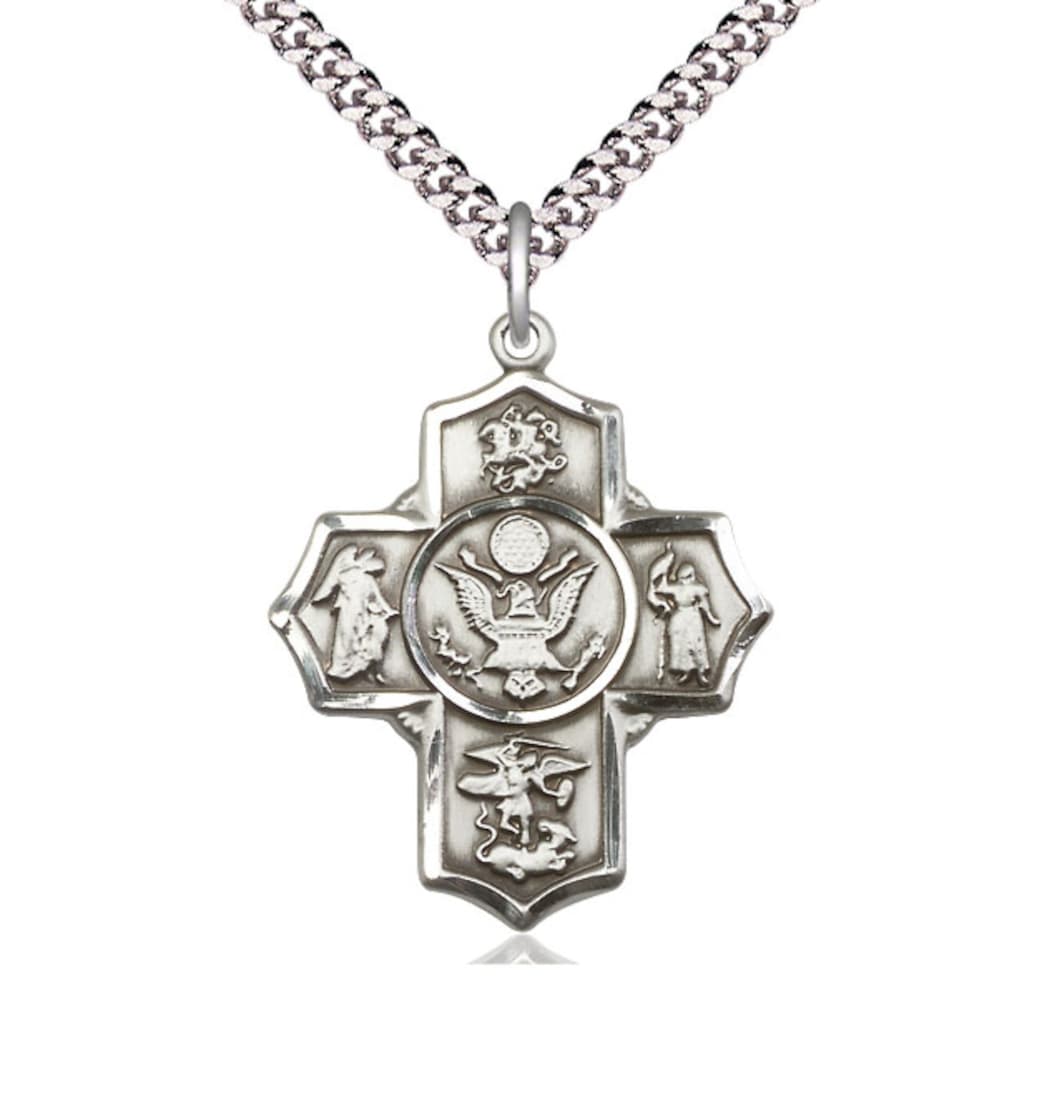 Bliss Manufacturing Army 5-Way Cross Sterling Medal Necklace with Plated Chain,