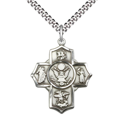Army 5-Way Cross Sterling Silver Medal with Plated Chain, Measures: 1 1/4-inch tall by 1-inch wide. Features St George, Guardian Angel, St Michael, St Joan of Arc, and Army emblem, Bliss Manufacturing