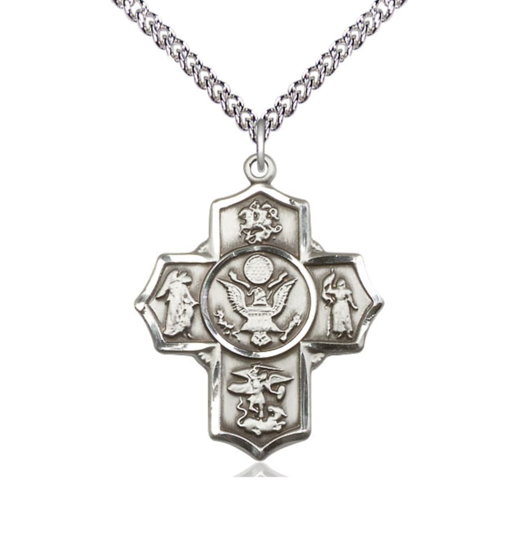 Bliss Manufacturing Army 5-Way Cross Sterling Medal Necklace with Sterling Silver Chain,